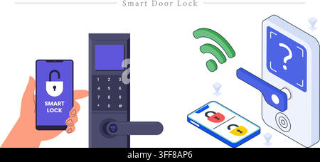 Smart door lock vector banner illustration set featuring mobile app access icons, security symbols, wireless connection, and home protection concepts. Stock Vector