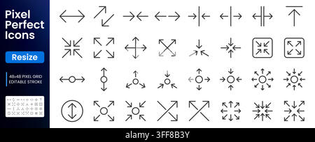 Resize line icon set. Expand, collapse, scale, stretch, shrink, maximize minimize, fullscreen, horizontal controls vector illustration. Simple outline Stock Vector