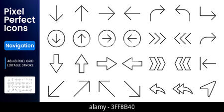 Navigation arrow line icon set. Direction, chevron, pointer, back, forward, diagonal, curved, circular symbols minimal vector illustration. Simple Stock Vector