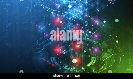 Abstract technology background with digital data network, glowing nodes and binary code. Vector Stock Vector