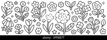 Flower line icon set. Rose, tulip, daisy, chamomile, poppy, echinacea, peony and wildflower linear doodle vector illustration. Bold easy outline Stock Vector