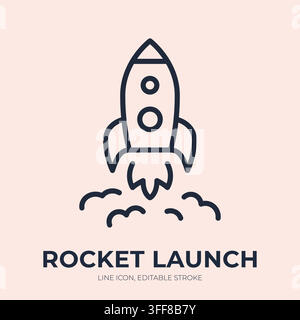 Rocket launch line icon. Startup takeoff linear vector illustration. Thin sign of spacecraft for business growth, project release, innovation Stock Vector