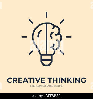 Creative thinking line icon. Brainstorm idea linear vector illustration. Thin sign of lightbulb with brain, innovation, imagination, intelligence Stock Vector