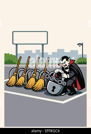 A cartoon illustration of a vampire character securing a row of witch brooms with a large chain and padlock in a parking space. Stock Vector