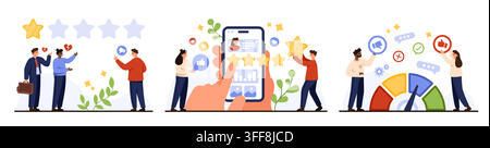 Vector business people collecting customer feedback with stars, mobile reviews, satisfaction meter and social media reactions, showing rating, evaluation, quality control, user experience isolated Stock Vector