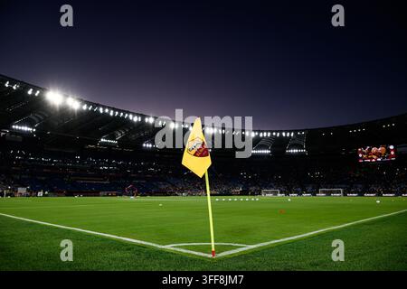 Verona Rome AS Roma crest is seen on the corner flag during the Serie A Enilive ...