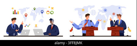 International diplomat meeting scene with speakers at podiums, laptops, charts and world maps, showing global negotiation, diplomacy, conference discussion and black delegate vector illustration Stock Vector