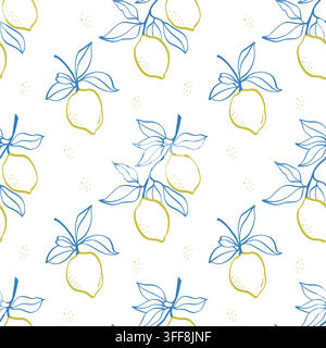 Seamless lemon pattern with hand drawn whole lemons and leafy branches in blue and yellow on a white background.  Stock Vector