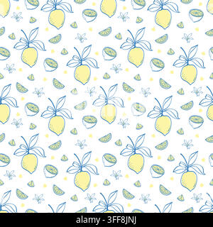 Seamless lemon pattern with hand drawn whole lemons, lemon slices, citrus flowers and small decorative elements in blue and yellow. Stock Vector