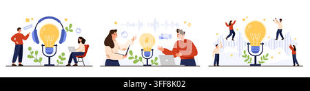 Creative podcast and music recording setup with microphone, headphones, laptop, sound waves and people collaborating around bright audio ideas, isolated on white background vector illustration Stock Vector
