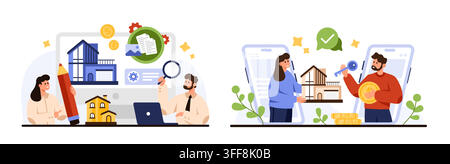 Real estate concept with agents, house models, documents, coins, digital screens showing property investment, home buying, mortgage planning, and sales process isolated on white vector illustration Stock Vector