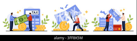Business people with money coins calculator and documents dealing with tax payment refund planning on finance concept isolated on white background vector illustration Stock Vector