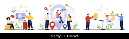 Modern travel booking scenes with plane tickets, passport check, destination pin, luggage, flight search and payment concepts isolated on white background vector illustration Stock Vector