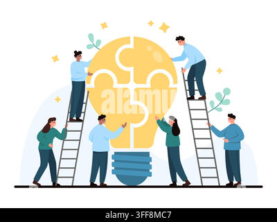 Team members assemble a puzzle lightbulb to represent collaboration, brainstorming and problem solving in business, with ladders and people isolated on white background vector illustration Stock Vector