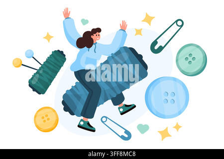 Woman tailor with giant thread spool, buttons, pins and safety pins in a playful sewing repair scene, isolated on white background vector illustration Stock Vector