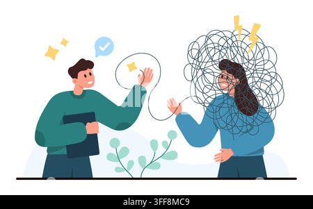 Therapist or counselor helps stressed woman untangle anxious thoughts with guidance, empathy and communication in a mental health support scene isolated on white background vector illustration Stock Vector