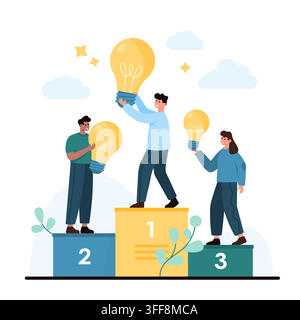 Three people hold glowing light bulbs on a winners podium, showing success, creativity and ranking achievement in teamwork, isolated on white background vector illustration Stock Vector