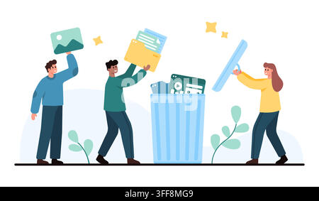 Three people remove photos, folders, and media files by tossing them into a trash bin, showing digital cleanup, storage management, and file deletion isolated on white background vector illustration Stock Vector