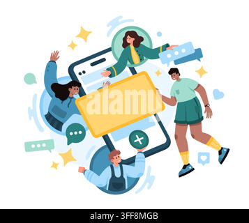 People interact around a smartphone with chat bubbles, blank message banner, likes, and social icons, showing online community, messaging, connection, and digital teamwork vector illustration Stock Vector