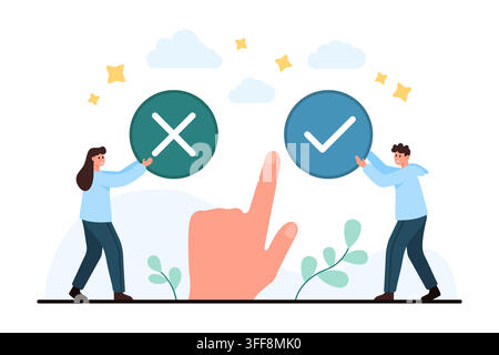 People hold yes and no icons beside a pointing hand selecting between check mark and cross signs, showing decision making, approval, rejection, comparison isolated on white vector illustration Stock Vector