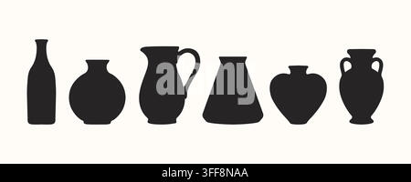 Black Ceramic Pottery Vases and Jugs Silhouette Vector Set Collection for Interior Decoration Stock Vector