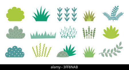 Flat Green Plants, Bushes, and Grass Tufts Vector Elements Set for Landscape Design Stock Vector
