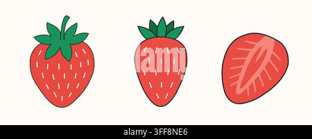 Fresh Red Strawberry Whole and Half Cut Vector Set Collection for Healthy Food Design Stock Vector