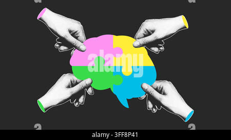Four halftone hands holding colorful puzzle pieces forming brain shape on dark background. Vector illustration for intelligence, mental health, and co Stock Vector