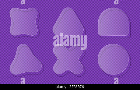 Transparent realistic organic fluid shape glass plates glassmorphism frames set Stock Vector
