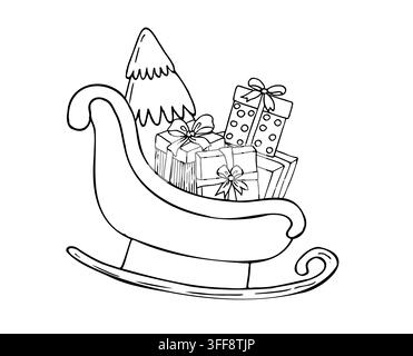 Vector Christmas sleigh with gift boxes and winter tree. Minimalist hand drawn graphic line art layout for New Year holiday design. Doodle winter Stock Vector