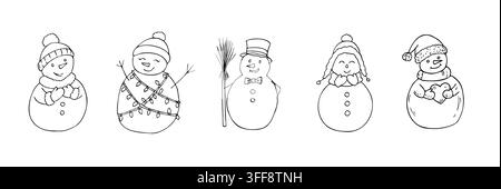 Vector cute snowman set with 5 hand drawn Christmas characters. Minimalist graphic line art collection for winter holidays isolated on white. Doodles Stock Vector