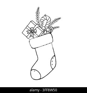 Vector Christmas element set with retro baubles, pine branch and star. Minimalist hand drawn graphic line art with bells and red ribbon isolated on Stock Vector