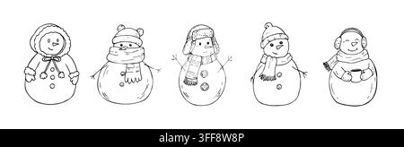 Vector cute snowman set with 5 hand drawn Christmas characters. Minimalist graphic line art collection for winter holidays isolated on white. Doodles Stock Vector