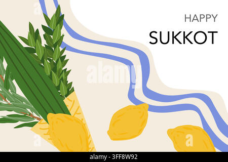 Festive Sukkot banner featuring a lulav and etrog held together for the traditional holiday ritual, surrounded by palm, myrtle and willow branches wit Stock Vector