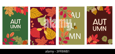 Set of cozy autumn greeting cards decorated with hand drawn leaves, delicate branches and abstract botanical shapes in sophisticated seasonal colors, Stock Vector