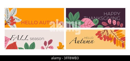 Set of fall foliage banners featuring maple leaves, tiny branches and decorative botanical accents in warm brown, olive, pumpkin and blush tones, flat Stock Vector