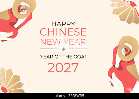 Happy Chinese New Year of Goat 2027 banner in flat minimalist style. Geometric Chinese Zodiac Goat or Ram with oriental elements. Vector illustration Stock Vector