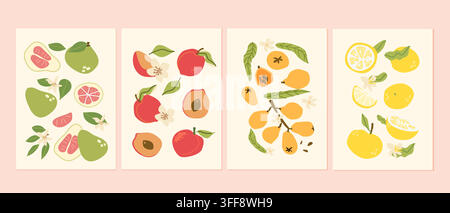 Modern minimalist poster featuring an eclectic selection of berries and citrus fruits, including nectarin, medlar, yuzu, citron and pomelo, flat style Stock Vector