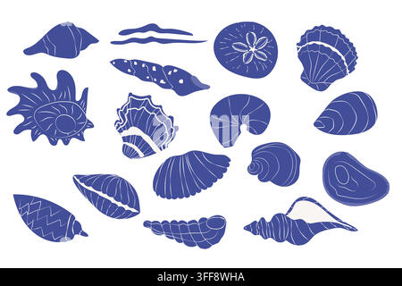 Seashell blue icons set. Mediterranean sea animals in doodle style. Whimsical coastal summer illustration on white background. Stock Vector
