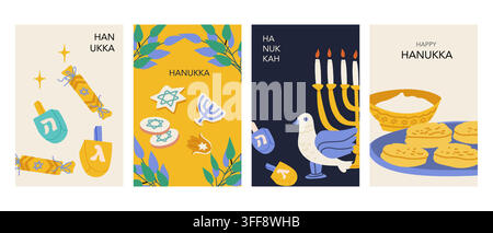 Set of elegant holiday cards for Hanukkah with contemporary menorah compositions, candles, Jewish cookies and Latkes and Dreidels, presented as refine Stock Vector