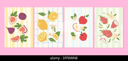 Mediterranean poster set with summer fruits. Apple, lemon, dragon fruit and fig on checkered and stripe backgrounds. Hand drawn vector illustration fo Stock Vector
