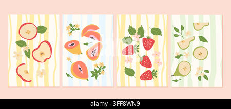 Set of Summer abstract posters with strawberry, apple, pear and papaya on blue, yellow and green stripes. Hand drawn illustration in trendy style. Sum Stock Vector