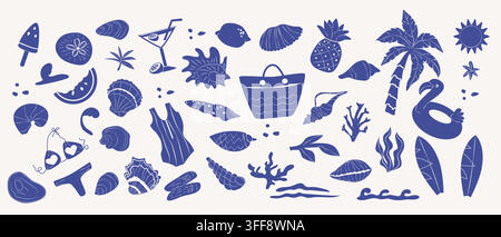 Summer coastal blue icons set. Mediterranean seaside elements in flat style. Hand drawn vector illustration of italian summer beach essentials and pla Stock Vector