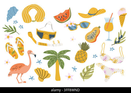 Cartoon summer coastal elements in retro colors. Tropical palm, flamingo and pineapple, watermelon and papaya. Beach accessories and items isolated on Stock Vector