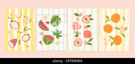 Mediterranean poster set with summer fruits. Orange, watermelon, peach and dragon fruit on checkered and stripe backgrounds. Hand drawn vector illustr Stock Vector