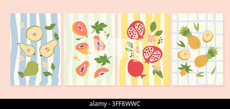 Set of Summer abstract posters with pear, pomegranate, pineapple and papaya. Hand drawn vector illustration for wall decor. Modern print in mediterran Stock Vector