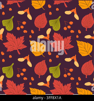 Contemporary repeating autumn motif with stylized foliage, curved stems and varied leaf silhouettes in emerald, moss, orange-infused yellow, cool red Stock Vector
