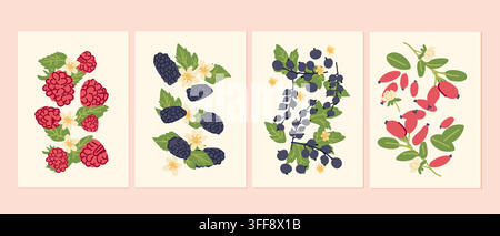 Modern botanical poster with a colorful assortment of raspberries, currants, blackberries, and barberries, framed by a subtle linear pattern, flat min Stock Vector