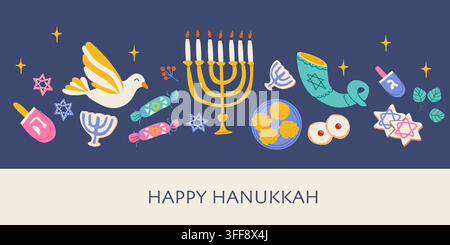 Modern Hanukkah greeting card with stylized menorahs, candles, stars and decorative Jewish motifs arranged in sophisticated seasonal compositions, fla Stock Vector