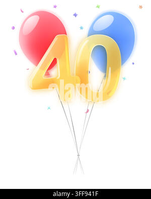 Vibrant birthday celebration illustration featuring a large yellow 40 number surrounded by translucent, glossy glassmorphism red and blue balloons and Stock Vector